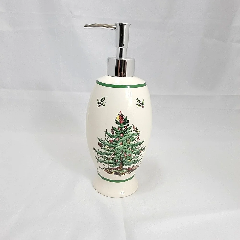 Spode Christmas Tree Soap Lotion Dispenser Ivory Green Ceramic Holiday Pump